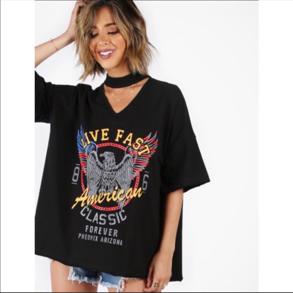 Graphic Cut Out V-Neck Tee - Picture 2 of 5